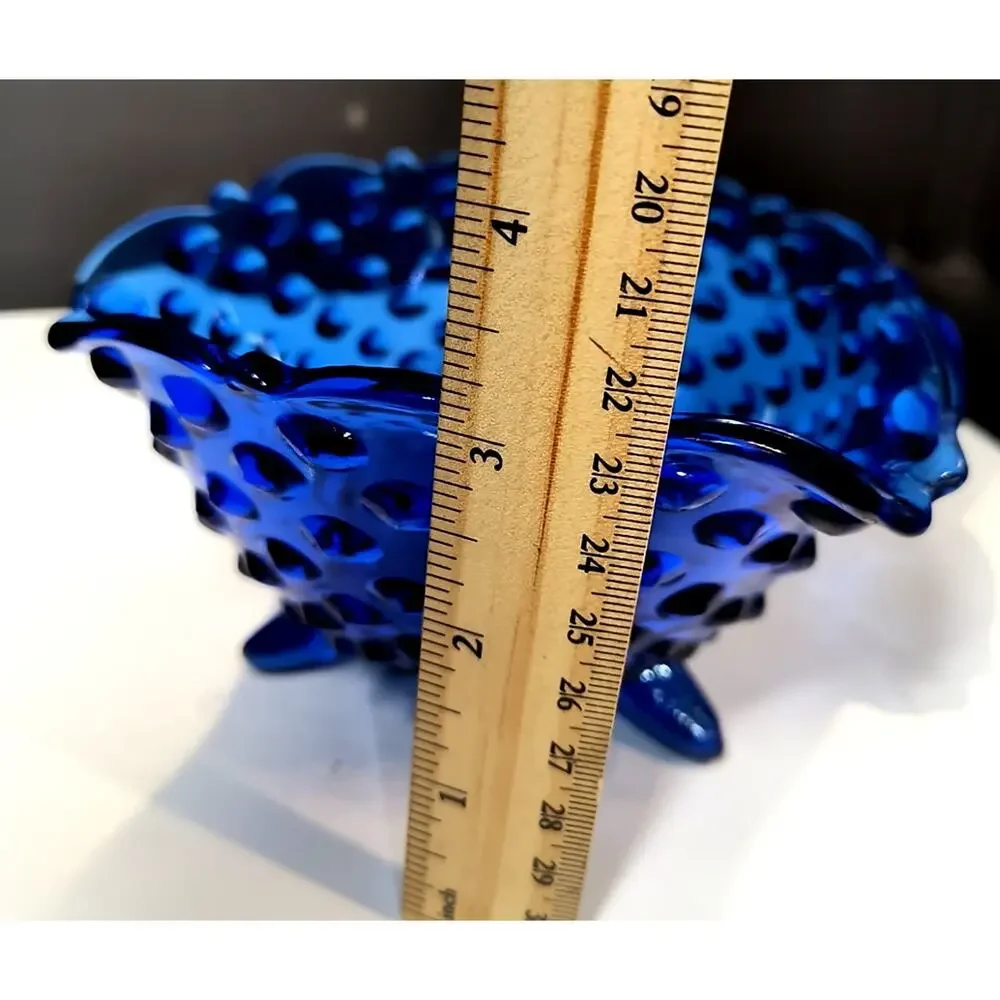 1855.  Fenton  Colonial Blue Ruffled Hobnail Dish with Three Legs